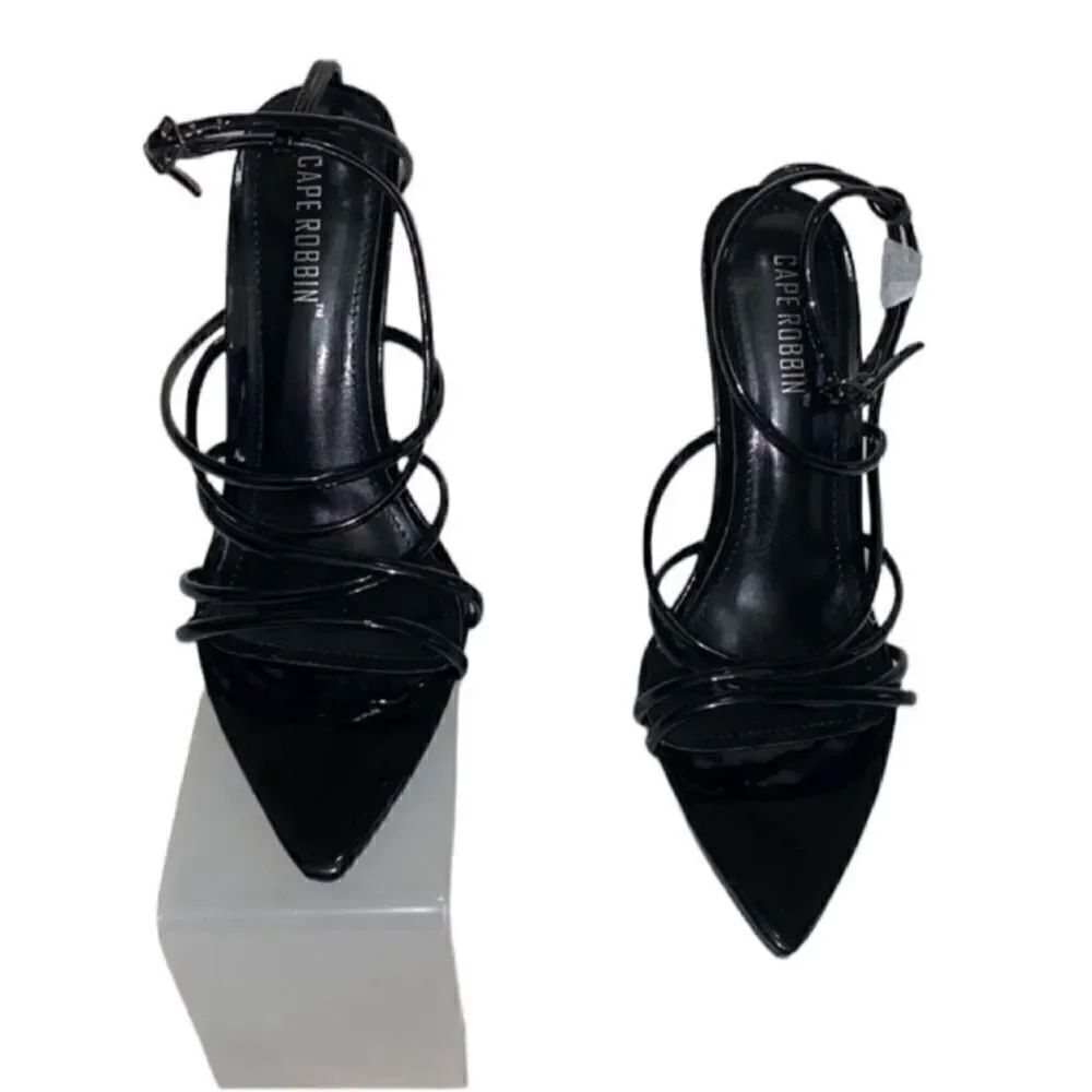 Cape Ribbon Black Strappy Stiletto Heels(Size 8M)